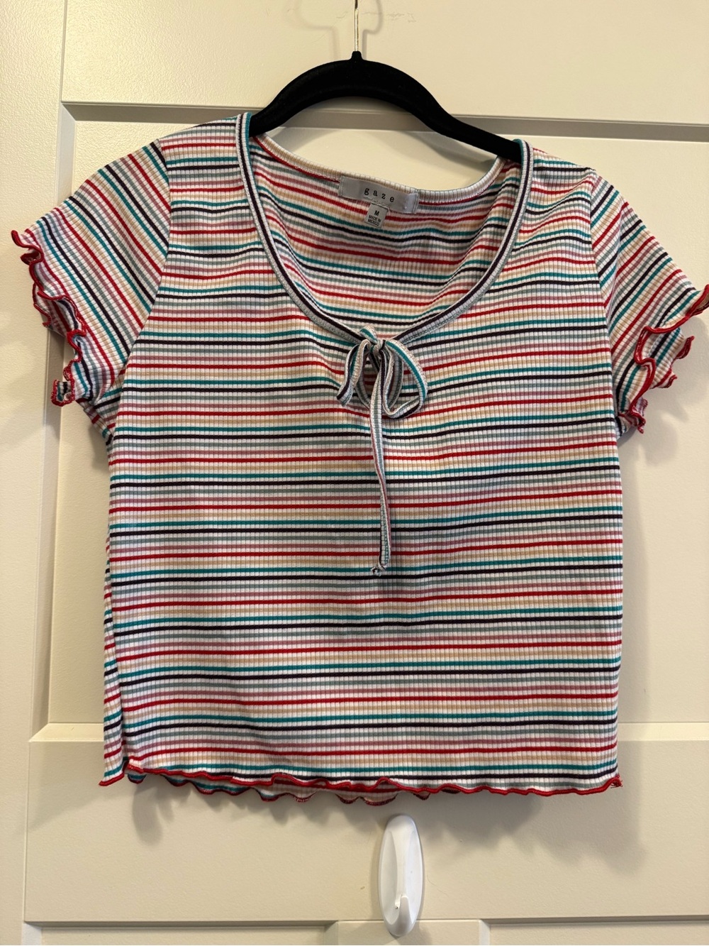 gaze Red, Blue, Green & White Striped Tie-Front Short Sleeve Top